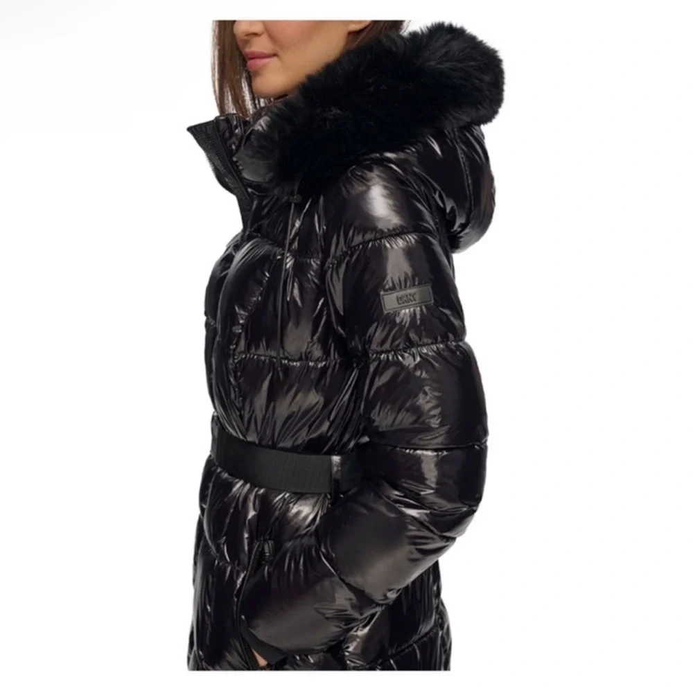 New! DKNY Black Glossy Belted Puffer Coat with Removable Faux Fur Hood - Picture 4 of 16